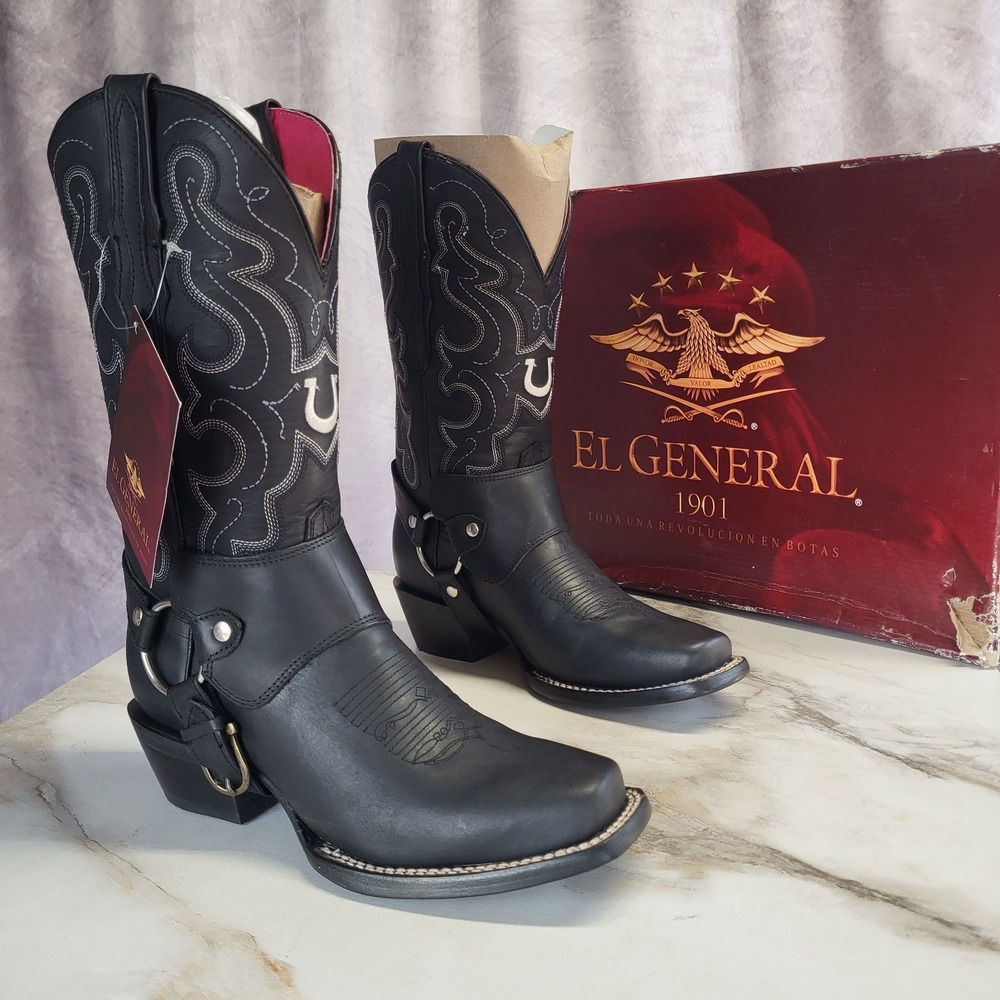 El General Square Toe Biker Western Boots w/ Removable Harness Size 7.5 Women's